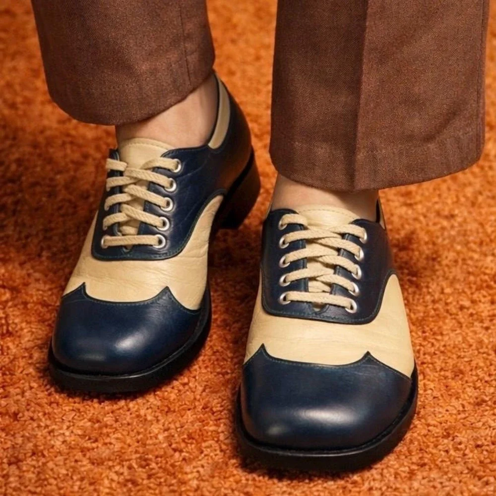 1970s Two Tone Platform Disco Italian Derbies Double Wingtip Chunky Womens 6.5 W